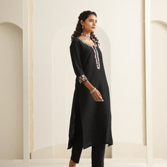Khushal K Women Pure Silk black Embroidered Kurta & Palazzo With Dupatta