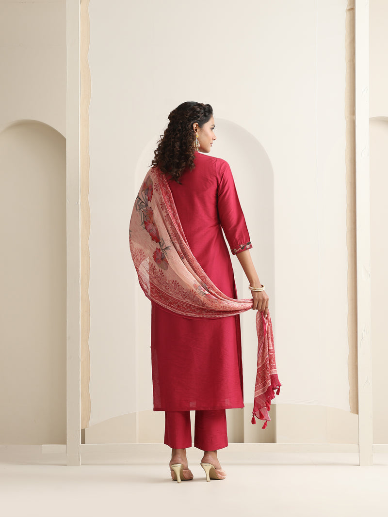 Khushal K Women Pure Silk pink Embroidered Kurta & Palazzo With Dupatta