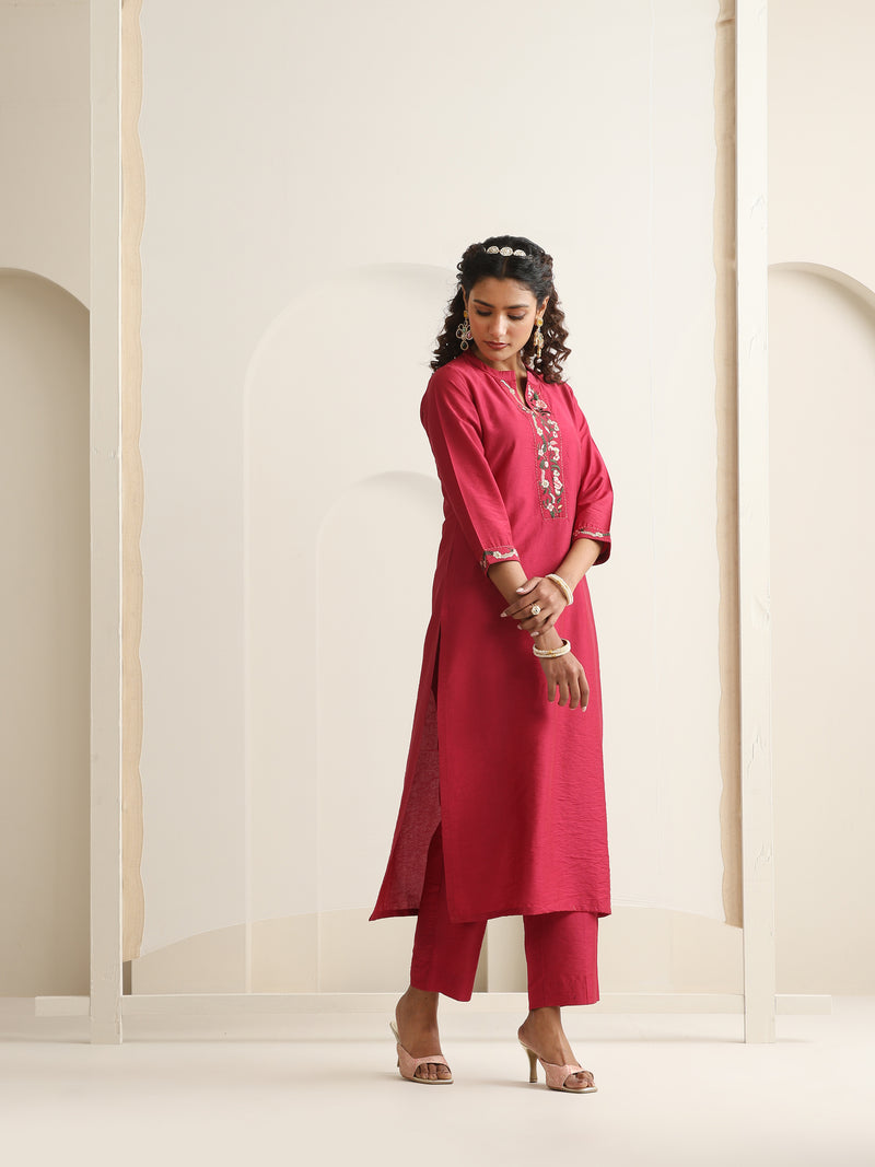 Khushal K Women Pure Silk pink Embroidered Kurta & Palazzo With Dupatta