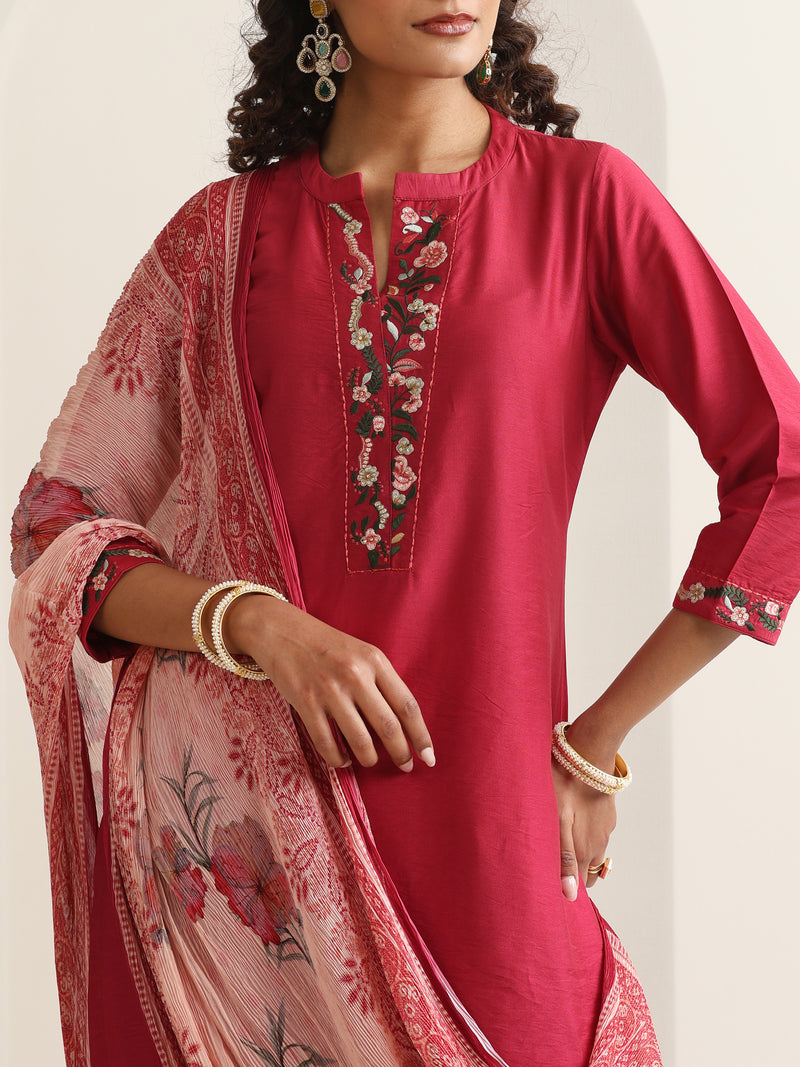 Khushal K Women Pure Silk pink Embroidered Kurta & Palazzo With Dupatta