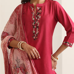 Khushal K Women Pure Silk pink Embroidered Kurta & Palazzo With Dupatta