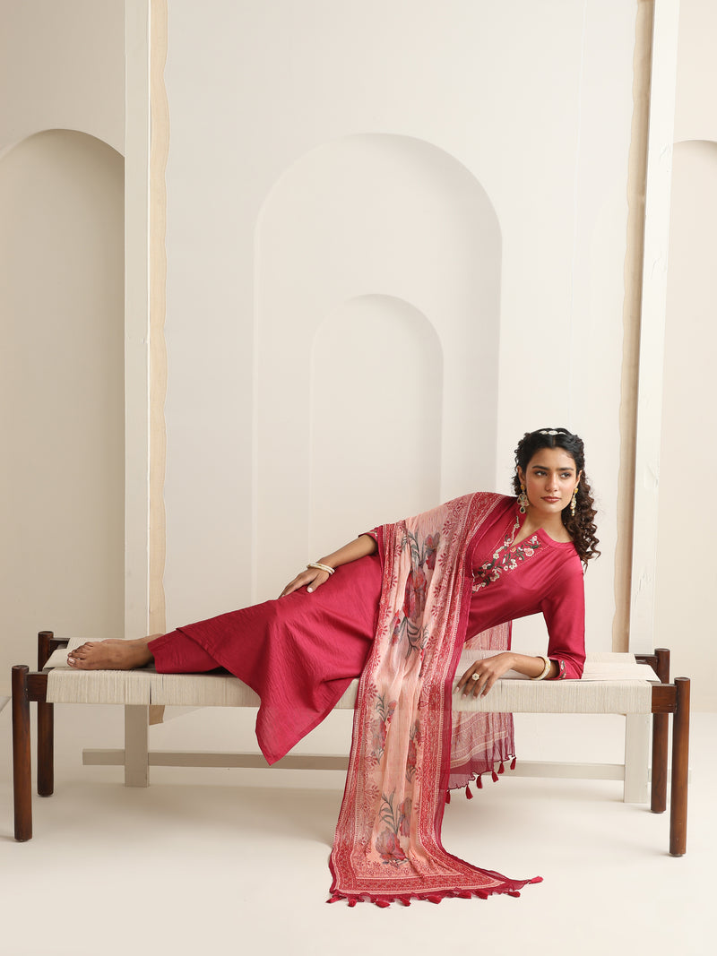 Khushal K Women Pure Silk pink Embroidered Kurta & Palazzo With Dupatta