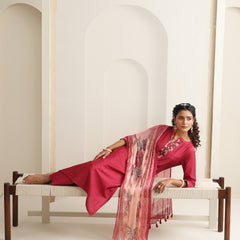 Khushal K Women Pure Silk pink Embroidered Kurta & Palazzo With Dupatta