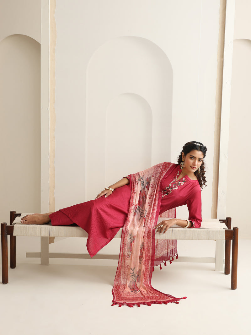Khushal K Women Pure Silk pink Embroidered Kurta & Palazzo With Dupatta