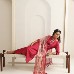 Khushal K Women Pure Silk pink Embroidered Kurta & Palazzo With Dupatta