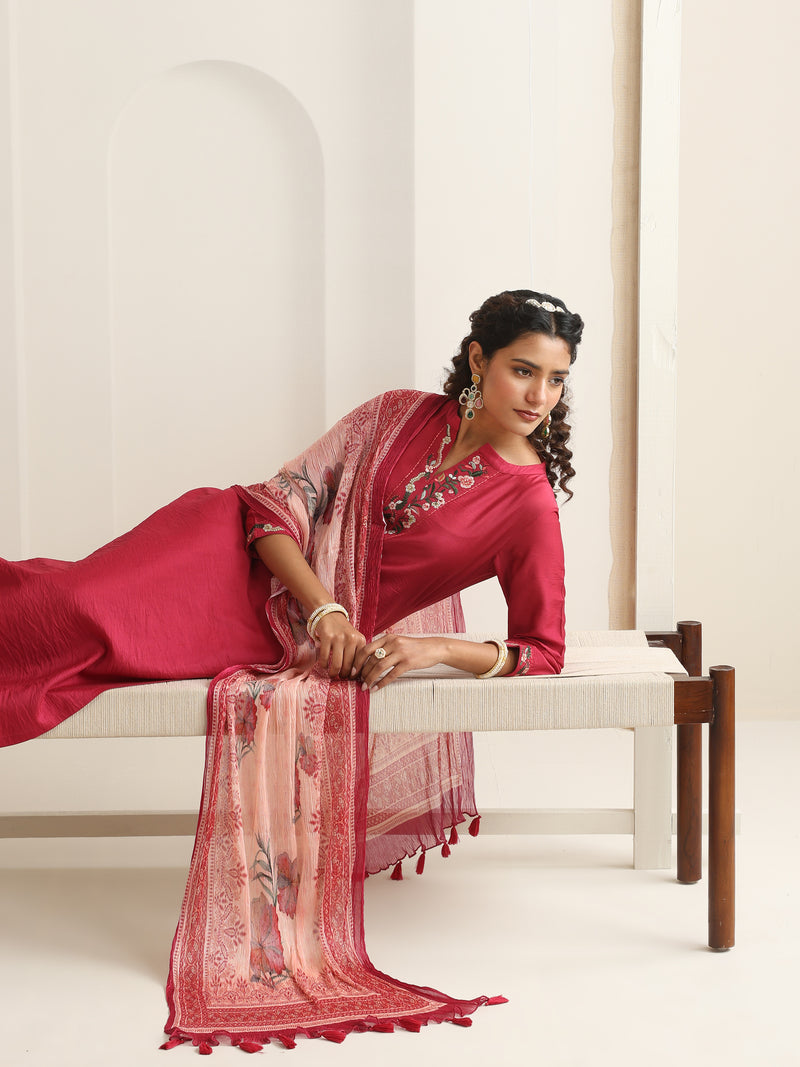 Khushal K Women Pure Silk pink Embroidered Kurta & Palazzo With Dupatta