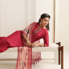 Khushal K Women Pure Silk pink Embroidered Kurta & Palazzo With Dupatta
