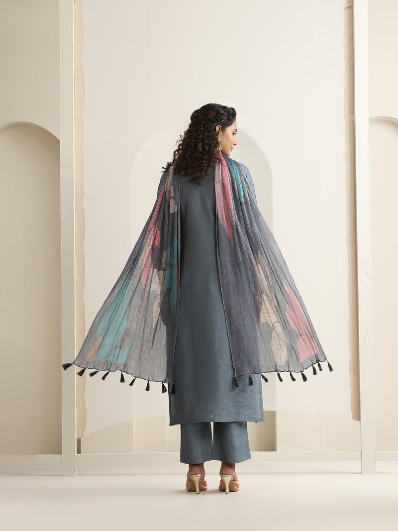 Khushal K Women Pure Silk grey Embroidered Kurta & Palazzo With Dupatta