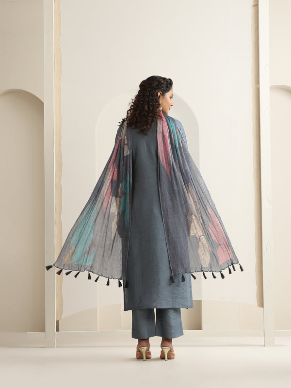 Khushal K Women Pure Silk grey Embroidered Kurta & Palazzo With Dupatta