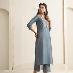 Khushal K Women Pure Silk grey Embroidered Kurta & Palazzo With Dupatta
