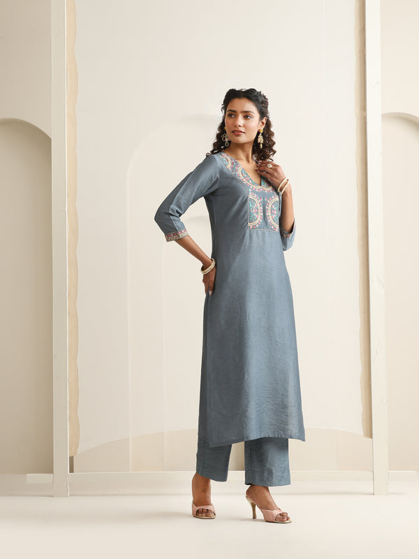 Khushal K Women Pure Silk grey Embroidered Kurta & Palazzo With Dupatta
