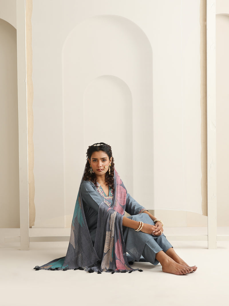 Khushal K Women Pure Silk grey Embroidered Kurta & Palazzo With Dupatta