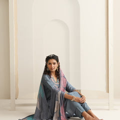 Khushal K Women Pure Silk grey Embroidered Kurta & Palazzo With Dupatta