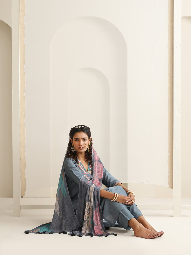 Khushal K Women Pure Silk grey Embroidered Kurta & Palazzo With Dupatta