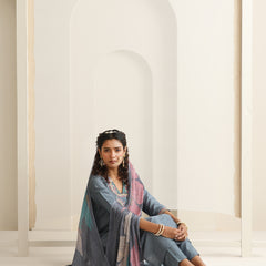 Khushal K Women Pure Silk grey Embroidered Kurta & Palazzo With Dupatta