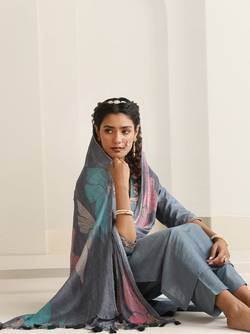 Khushal K Women Pure Silk grey Embroidered Kurta & Palazzo With Dupatta
