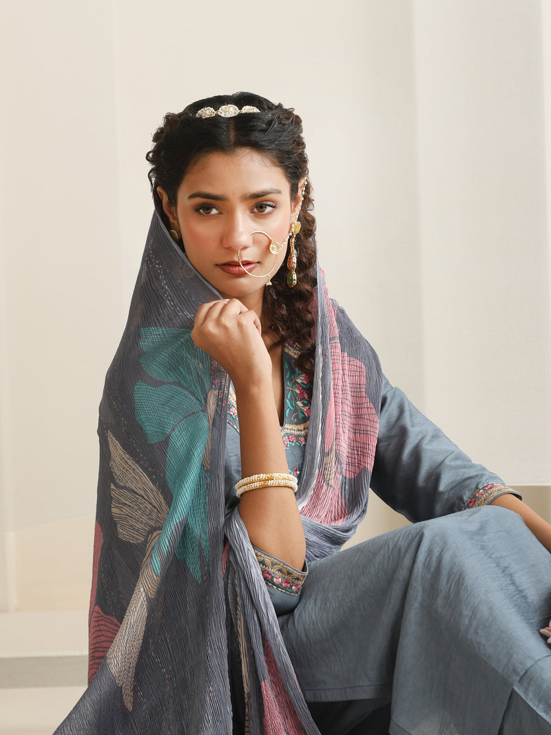Khushal K Women Pure Silk grey Embroidered Kurta & Palazzo With Dupatta
