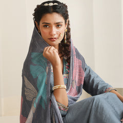 Khushal K Women Pure Silk grey Embroidered Kurta & Palazzo With Dupatta