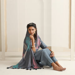 Khushal K Women Pure Silk grey Embroidered Kurta & Palazzo With Dupatta