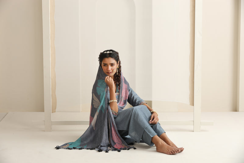 Khushal K Women Pure Silk grey Embroidered Kurta & Palazzo With Dupatta