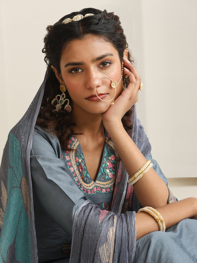 Khushal K Women Pure Silk grey Embroidered Kurta & Palazzo With Dupatta