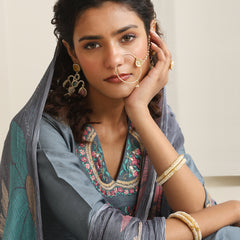 Khushal K Women Pure Silk grey Embroidered Kurta & Palazzo With Dupatta