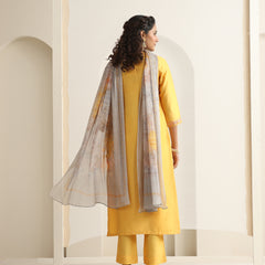 Khushal K Women Pure Silk yellow Embroidered Kurta & Palazzo With Dupatta