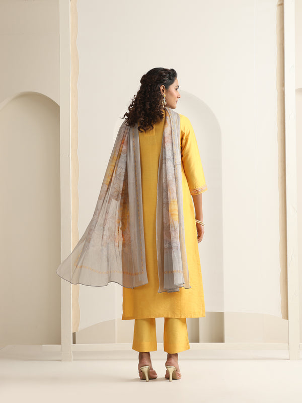 Khushal K Women Pure Silk yellow Embroidered Kurta & Palazzo With Dupatta