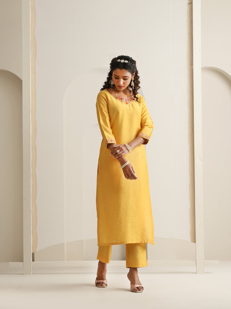 Khushal K Women Pure Silk yellow Embroidered Kurta & Palazzo With Dupatta