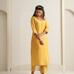 Khushal K Women Pure Silk yellow Embroidered Kurta & Palazzo With Dupatta