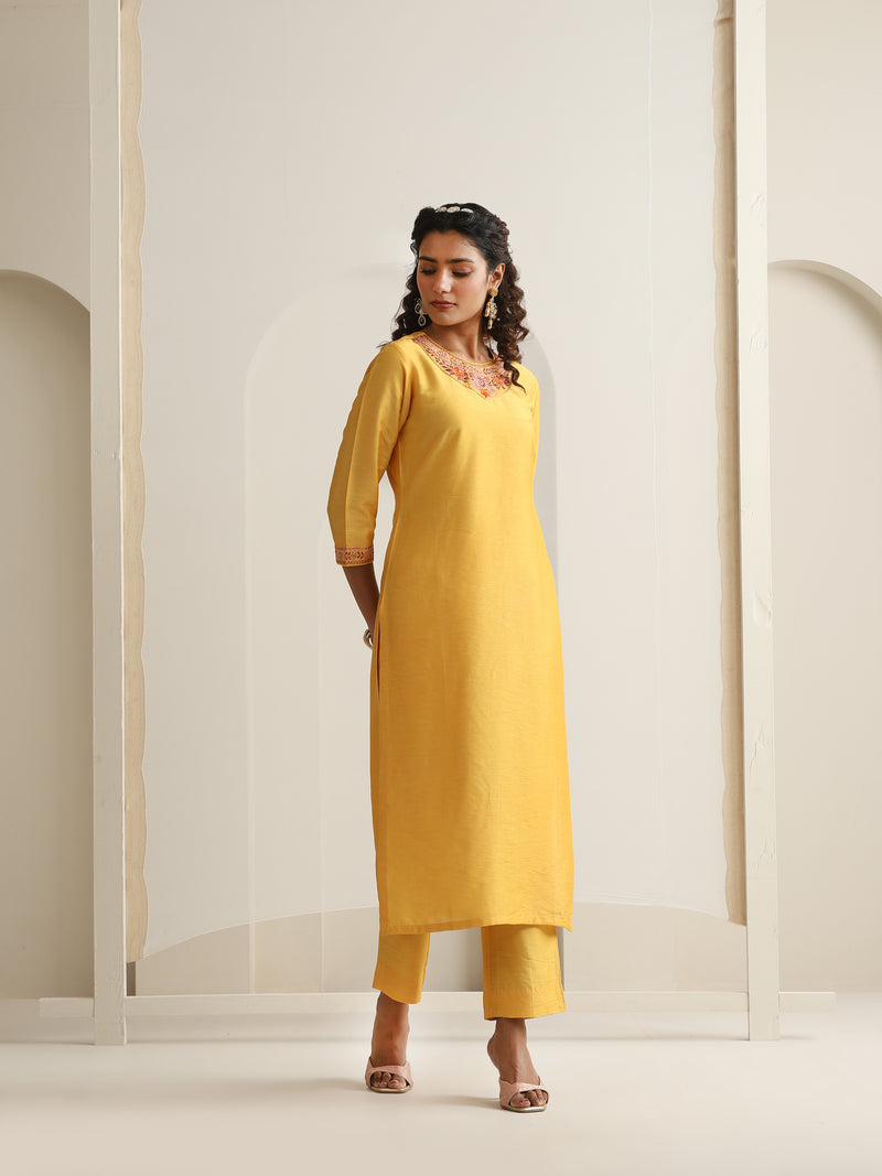 Khushal K Women Pure Silk yellow Embroidered Kurta & Palazzo With Dupatta