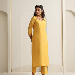 Khushal K Women Pure Silk yellow Embroidered Kurta & Palazzo With Dupatta