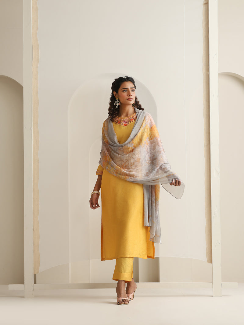Khushal K Women Pure Silk yellow Embroidered Kurta & Palazzo With Dupatta