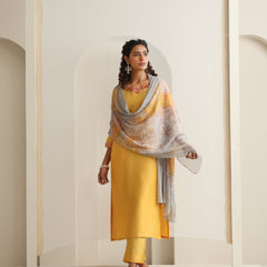 Khushal K Women Pure Silk yellow Embroidered Kurta & Palazzo With Dupatta