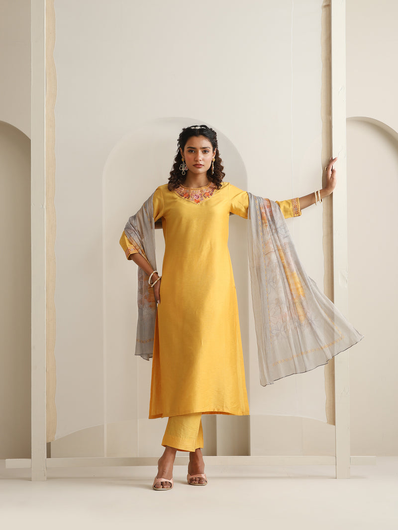 Khushal K Women Pure Silk yellow Embroidered Kurta & Palazzo With Dupatta