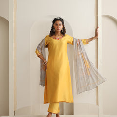 Khushal K Women Pure Silk yellow Embroidered Kurta & Palazzo With Dupatta