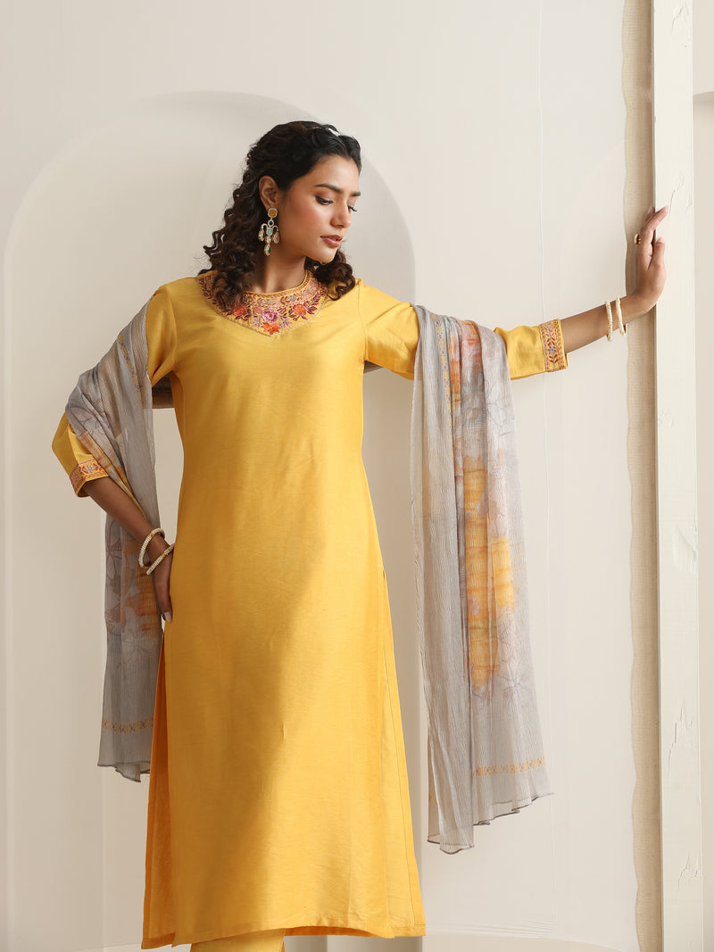 Khushal K Women Pure Silk yellow Embroidered Kurta & Palazzo With Dupatta