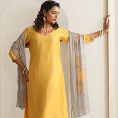 Khushal K Women Pure Silk yellow Embroidered Kurta & Palazzo With Dupatta