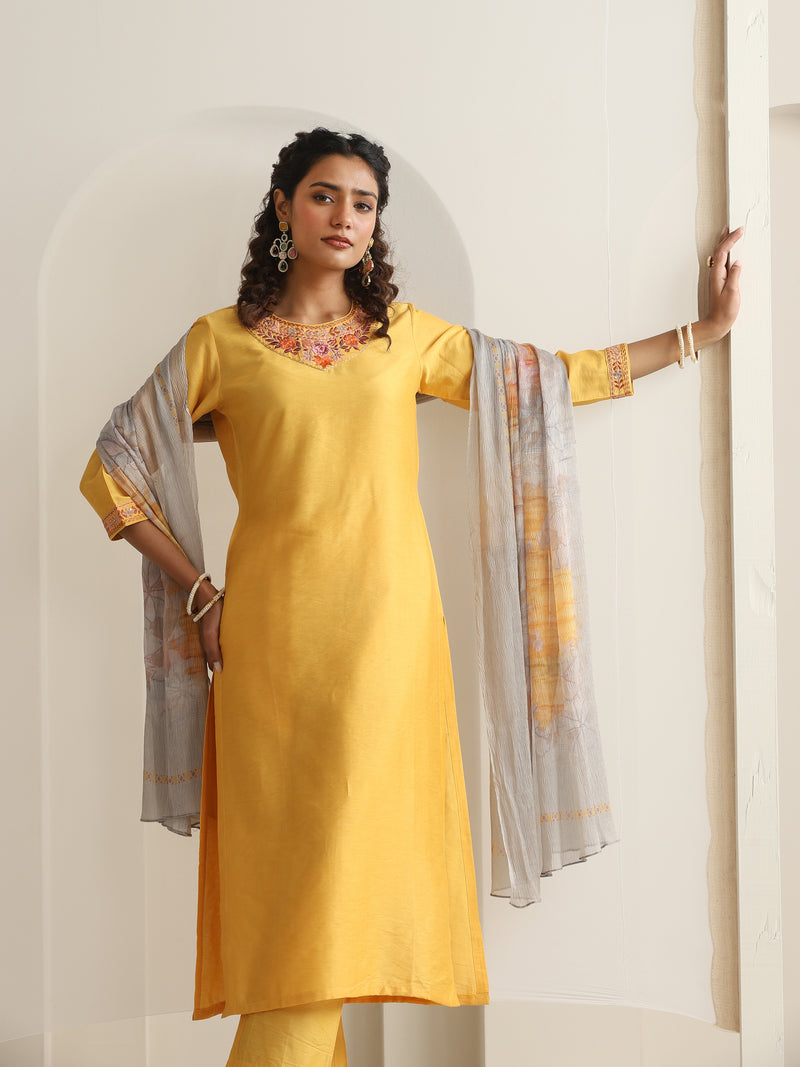 Khushal K Women Pure Silk yellow Embroidered Kurta & Palazzo With Dupatta