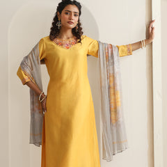 Khushal K Women Pure Silk yellow Embroidered Kurta & Palazzo With Dupatta