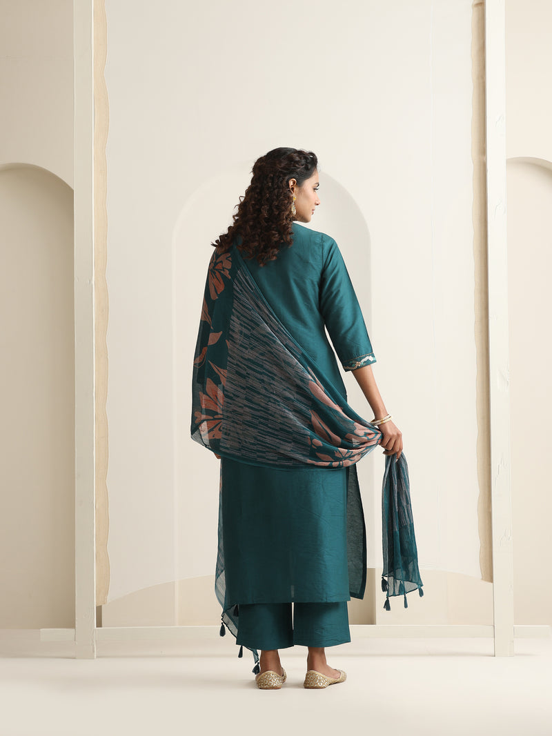 Khushal K Women Pure Silk green Embroidered Kurta & Palazzo With Dupatta