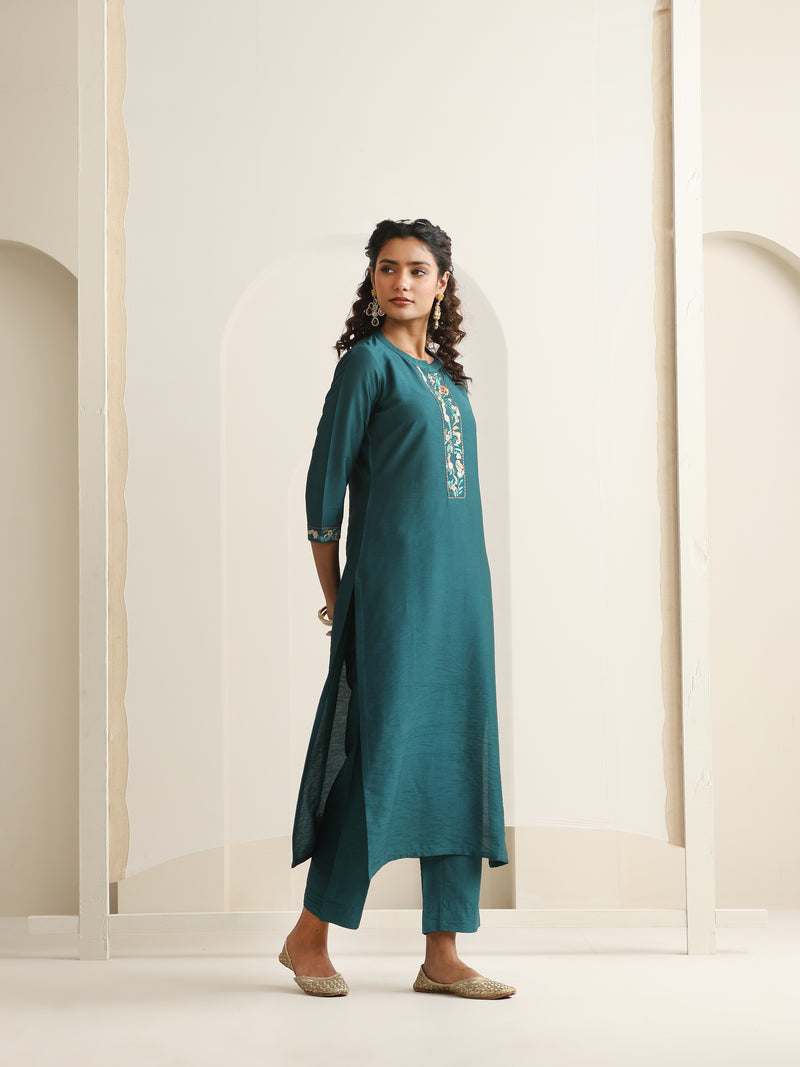 Khushal K Women Pure Silk green Embroidered Kurta & Palazzo With Dupatta