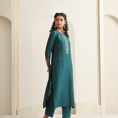 Khushal K Women Pure Silk green Embroidered Kurta & Palazzo With Dupatta