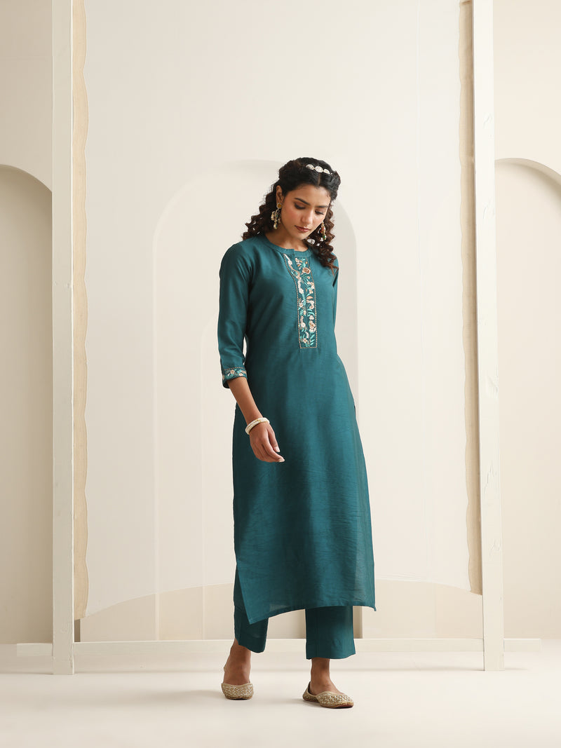 Khushal K Women Pure Silk green Embroidered Kurta & Palazzo With Dupatta