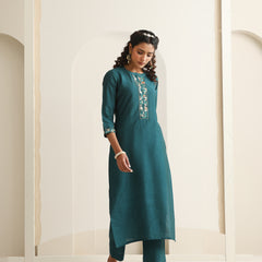 Khushal K Women Pure Silk green Embroidered Kurta & Palazzo With Dupatta