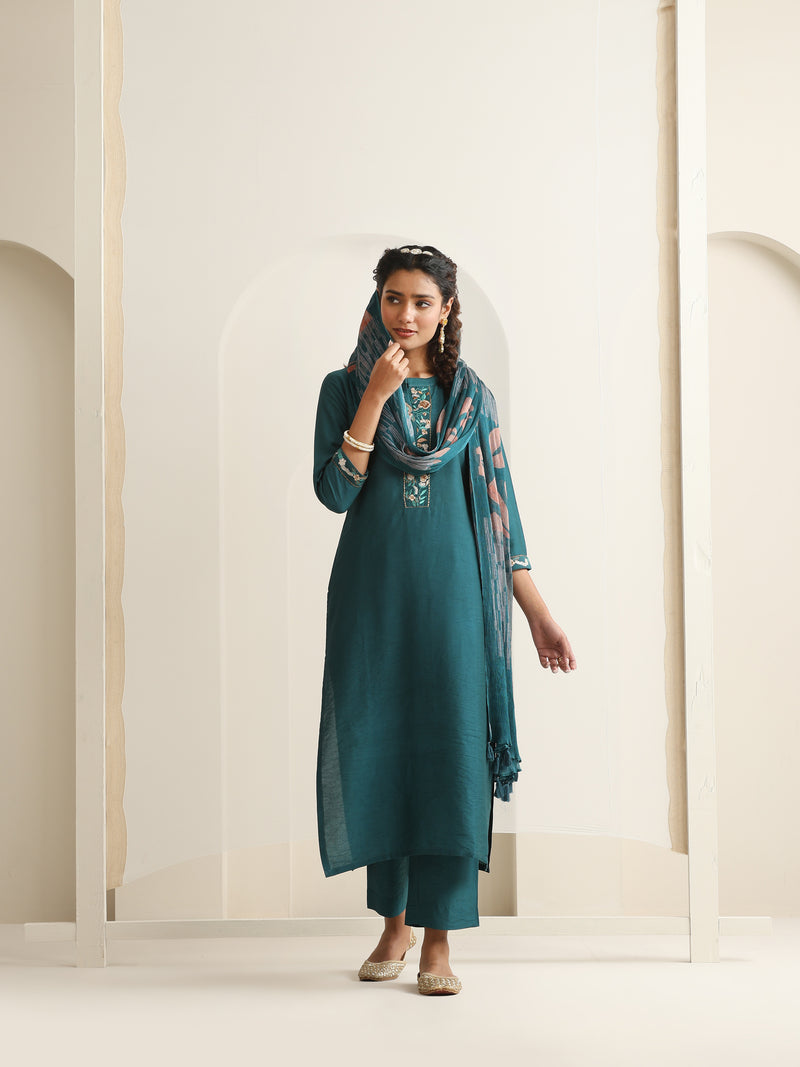 Khushal K Women Pure Silk green Embroidered Kurta & Palazzo With Dupatta