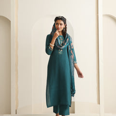 Khushal K Women Pure Silk green Embroidered Kurta & Palazzo With Dupatta