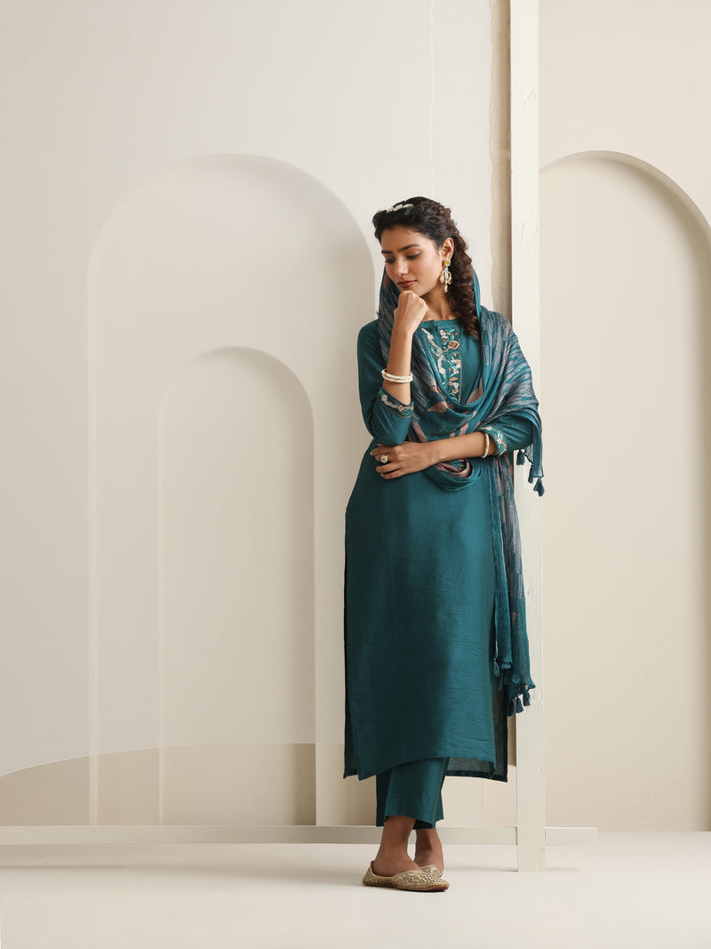 Khushal K Women Pure Silk green Embroidered Kurta & Palazzo With Dupatta
