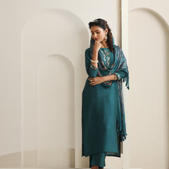 Khushal K Women Pure Silk green Embroidered Kurta & Palazzo With Dupatta