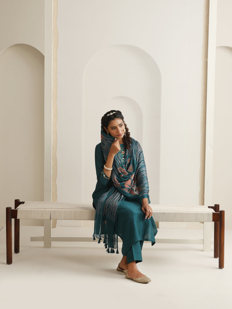 Khushal K Women Pure Silk green Embroidered Kurta & Palazzo With Dupatta